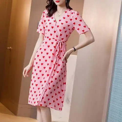 上海旗袍厂ss-06-1207夏季新款高档大牌真丝连衣裙v领粉色桃心系带长