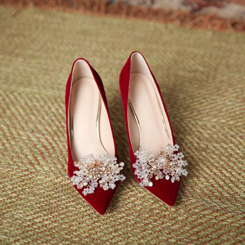 婚鞋秀禾婚纱两穿水晶鞋新娘鞋女大红红色高跟鞋单鞋