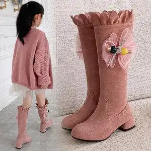女童长靴子2021新款蝴蝶节公主高跟长筒靴单靴女孩走秀高筒靴棉鞋