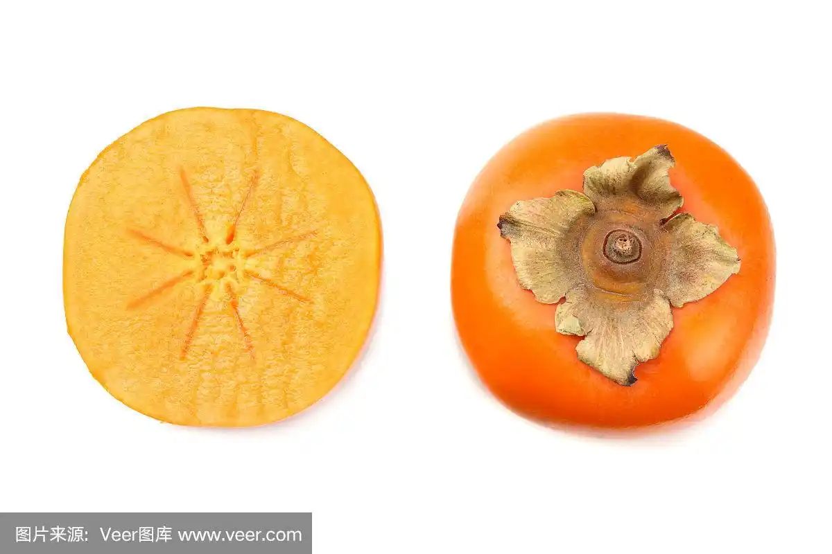 新鲜成熟的柿子,在白色的背景上孤立的切片.俯视图