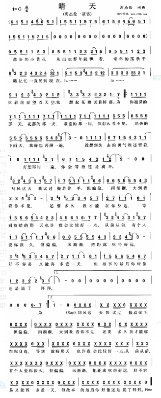 周杰伦《晴天》音乐简谱歌谱