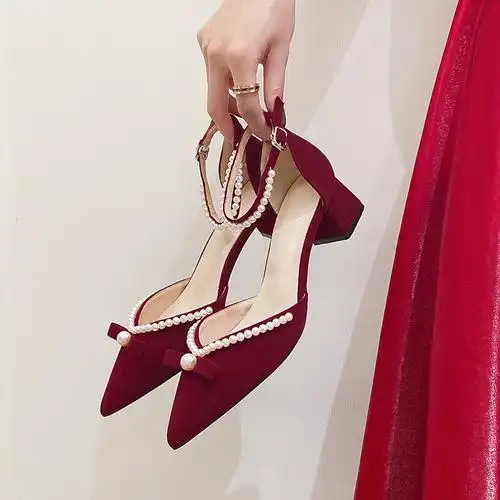 粗跟红色高跟鞋女结婚鞋子新娘鞋秀禾服婚纱两用不累脚高级感订婚