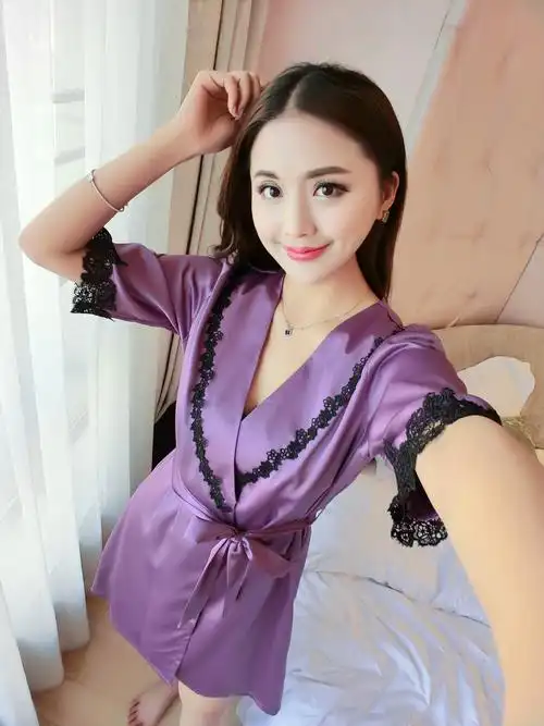 春季性感睡衣女士夏款短袖丝绸吊带睡裙两件套仿真丝诱惑情趣内衣