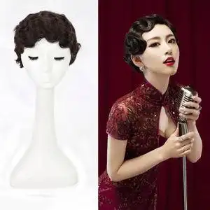 复古手推波纹刘海真人发假发女大上海怀旧民国波浪短卷发全头套式