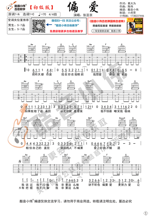 偏爱吉他谱c调初级版酷音小伟编谱张芸京