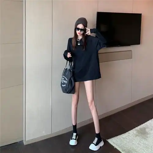 秋季长袖t恤女秋冬长袖白色t恤女装宽松内搭卫衣打底衫中长款叠穿下摆