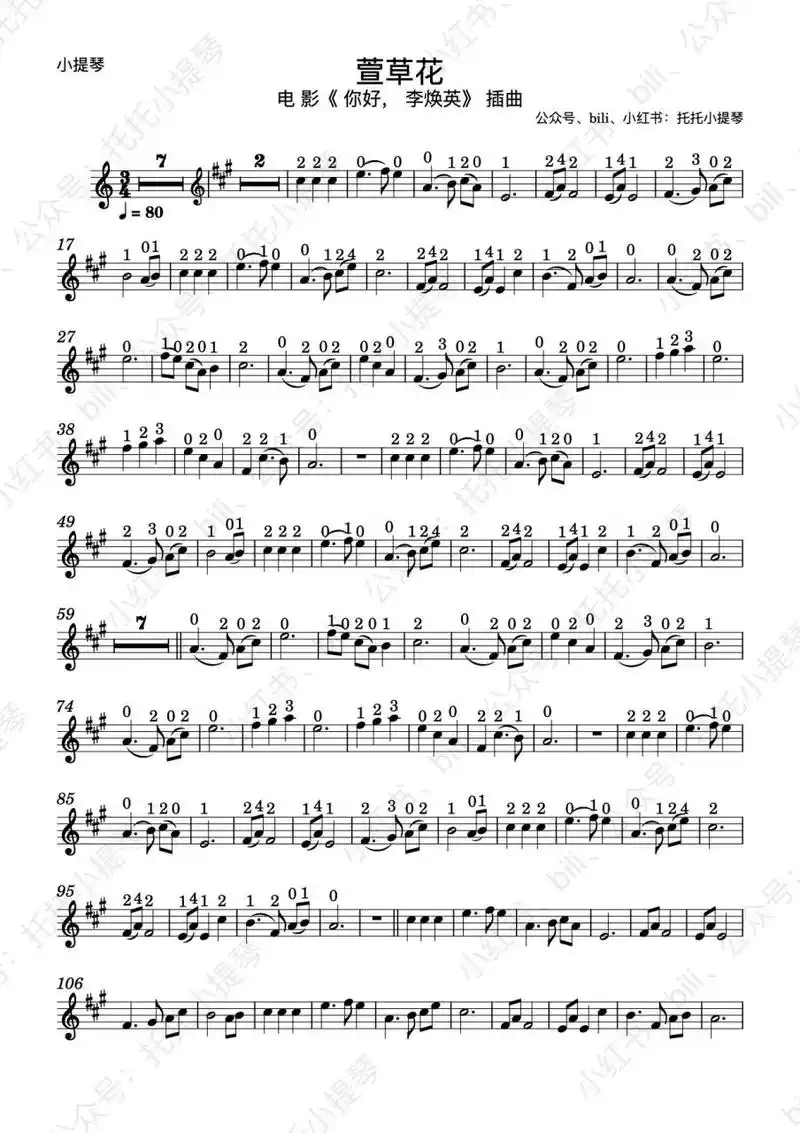 萱草花小提琴谱 全指法77一把位77钢琴伴奏谱