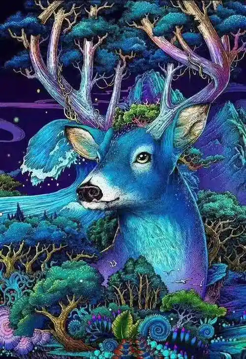 油画棒 重彩 色彩 黑白 线条 创意 创想课 水彩笔 鹿头 森林 动物