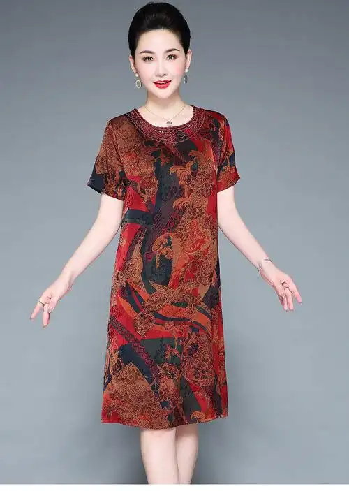 高档中老年女装重磅真丝香云纱连衣裙女复古山水画妈妈婆婆夏装桑蚕丝