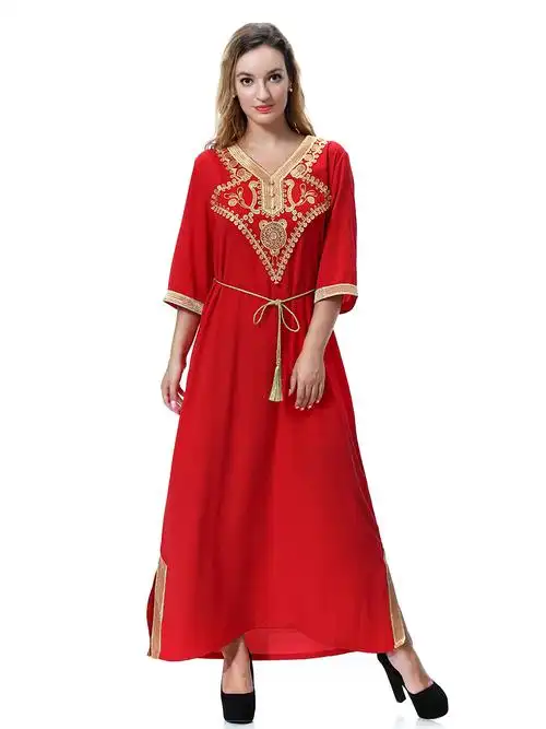 沙特阿拉伯服装长袍女装夏季旅游民族亚麻绣花修身高腰长裙 紫色 s