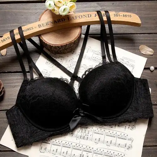 胸罩无钢圈胸加厚拢文胸上托背副黑内衣380黑色