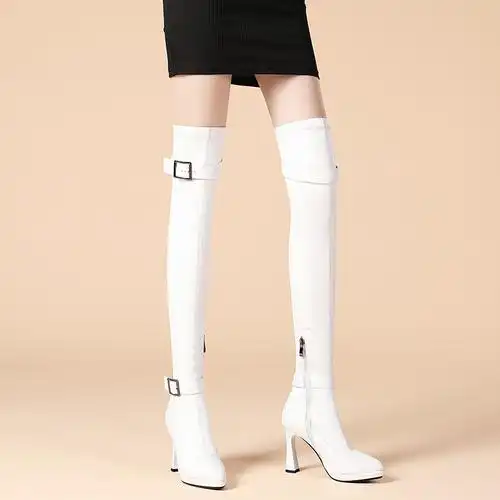 白色过膝长靴女高跟真皮长筒靴2020秋冬新款显瘦弹力靴高筒漆皮靴