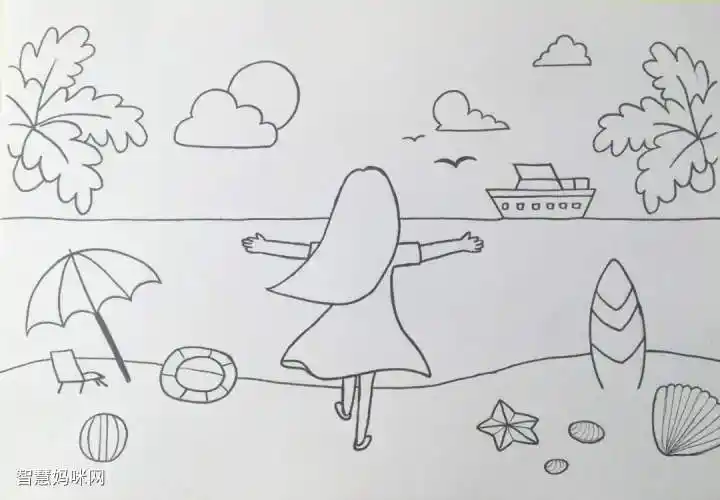 最后用马克笔给画面涂上漂亮的颜色,一幅阳光沙滩海边女孩就画好了.