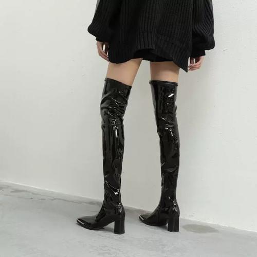 巨显瘦肯豆欧美漆皮长靴女秋冬过膝靴弹力高跟加绒超长大腿靴60