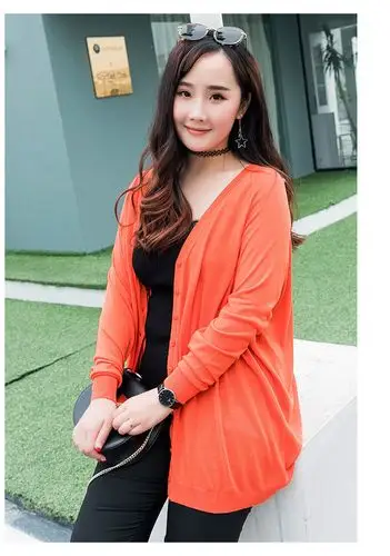 胖mm大码女装秋装v领宽松上衣外套女纯色加肥加大针织开衫中长款