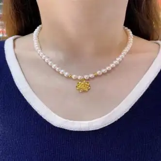 凯麒麟足金999牡丹花淡水珍珠项链葫芦黄金吊坠送女朋友母亲足金玫瑰