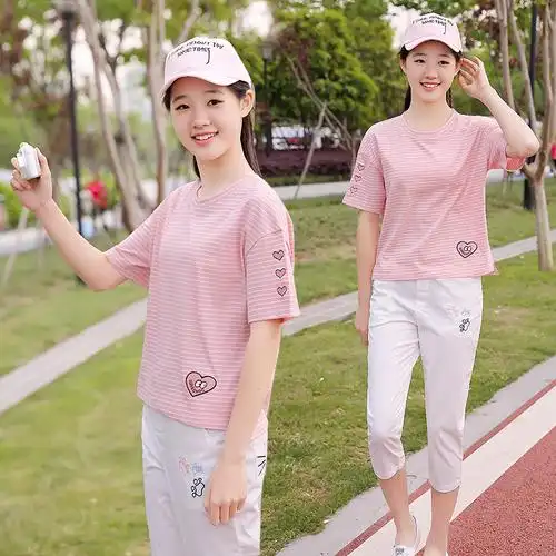 学院风中学生休闲运动套装女夏装短袖t恤七分裤两件套初中少女装