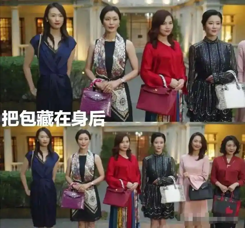 顾佳背着5万香奈儿包包和提着200万爱马仕包包的富太太们站在一起,她