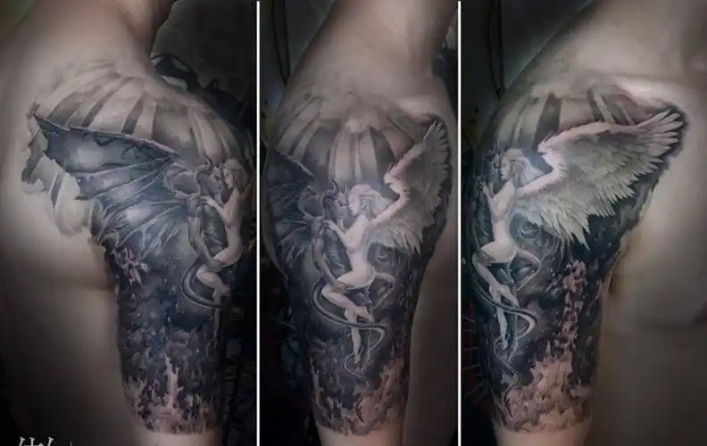 天使恶魔纹身图片_手臂欧美写实天使恶魔纹身图案