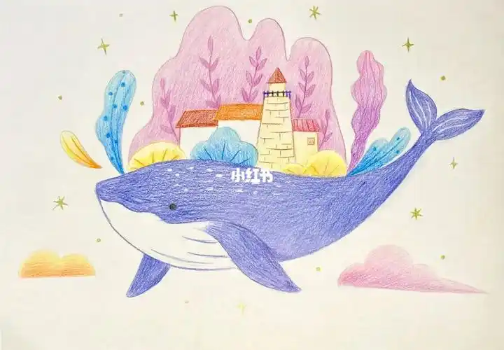 彩铅手绘鲸鱼岛