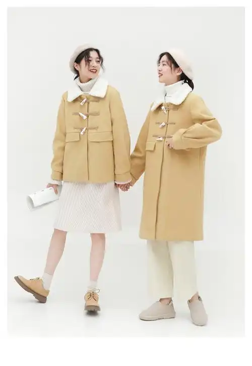 金大班日光2018冬新款韩版闺蜜羊羔毛长短款牛角扣毛呢大衣外套女_不