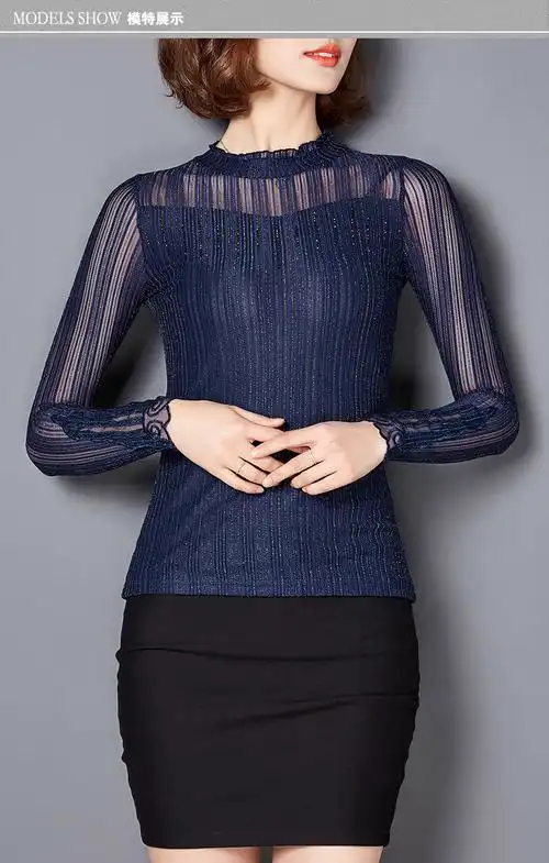 网纱蕾丝打底衫2017新款秋季勾花镂空上衣女秋半高领修身条纹t恤