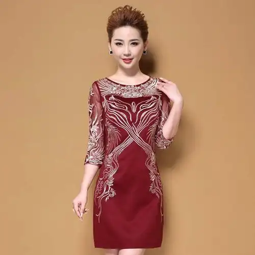 红色连衣裙 婚宴礼服_40岁50妈妈结婚礼服中袖优雅显瘦连衣裙婚庆婆婆