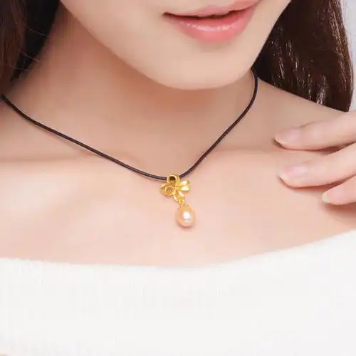 今生金饰9999足金珍珠女款黄金吊坠珠光气质坠配皮绳z0587