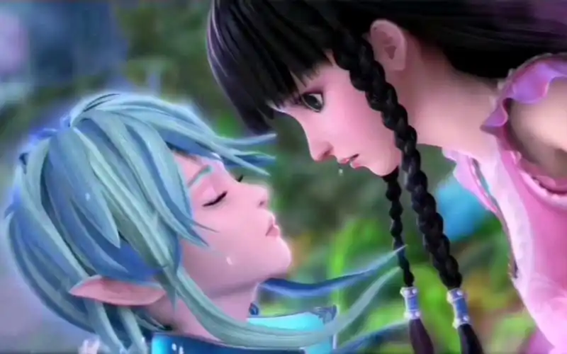 精灵梦叶罗丽水默水王子从水里浮起来跟王默对视