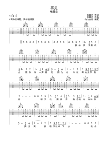 再见-张震岳 g调指法编配f#调六线吉他谱-虫虫吉他谱免费下载