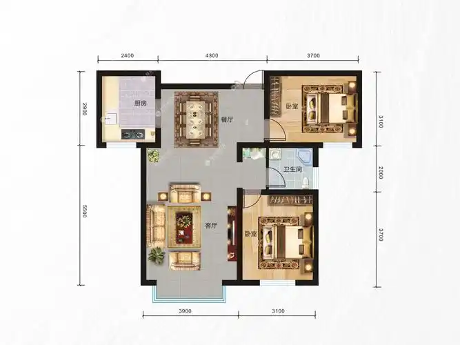高铁众安苑户型2:两室两厅一卫户型图