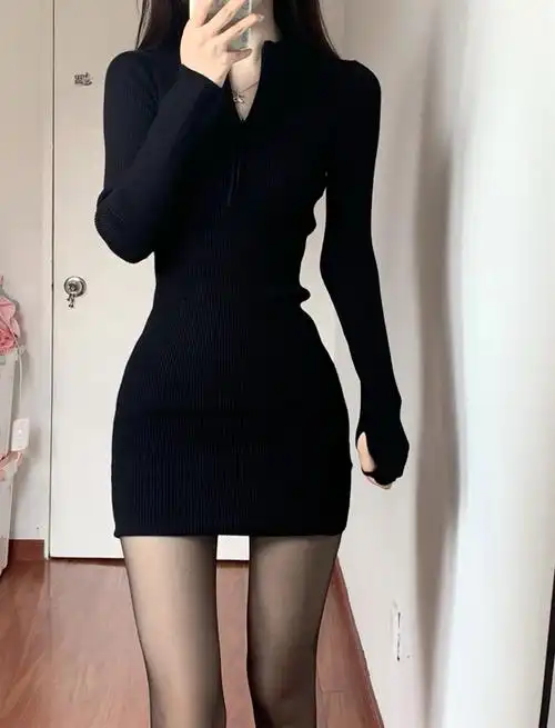 黑色性感打底连衣裙女早春秋冬修身显瘦收腰长袖包臀短裙子小个子
