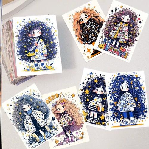 128张涂鸦卷发女孩贴纸创意艺术可爱简笔画diy装饰手账手机壳贴画