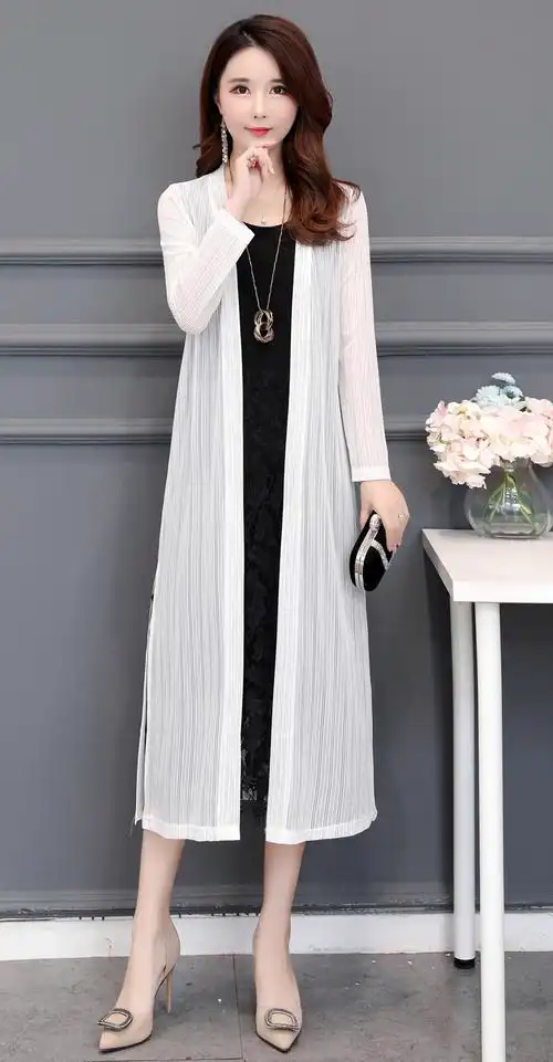 薄纱外搭外披女薄外套夏季网纱长袖过膝下摆开叉沙滩海边披肩白色3xl