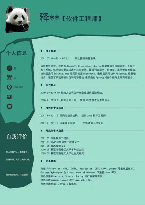 软件工程师个性工作简历模板docx1页