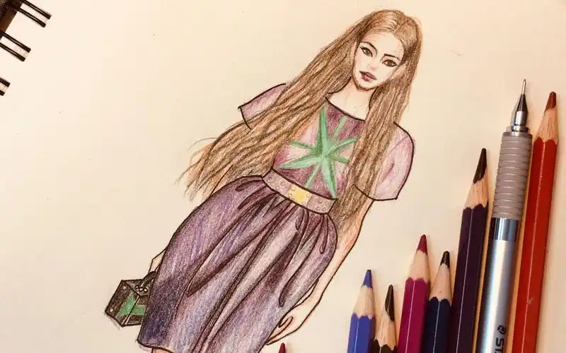 服装设计紫色连衣裙手绘彩铅效果图时装画插画紫色是服装设计中高贵的