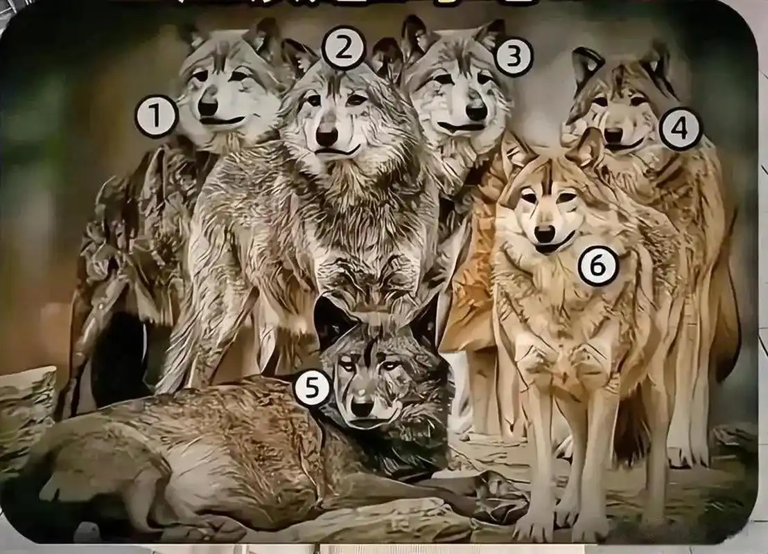 狼王在哪里,挑战你的判断能力一张图片里面有6只狼其中有一只狼王我看