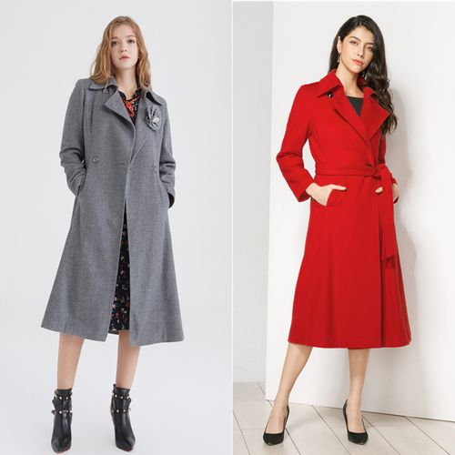 玫而美羊毛大衣女西服领长款过膝收腰修身气质优雅冬季毛呢外套