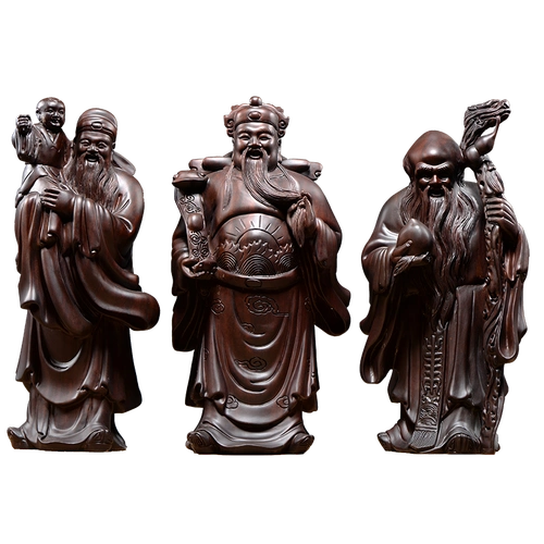 寻古黑檀木雕福禄寿三星摆件实木质雕刻家居装饰祝寿红木工艺礼品