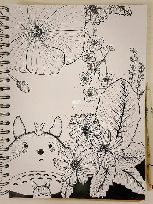 针管笔画黑白描线龙猫线稿