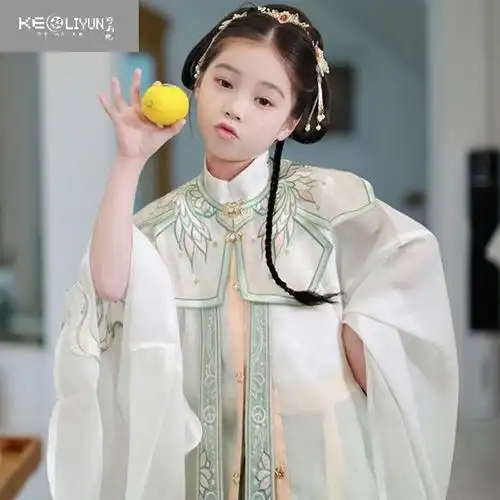 可莉允女童汉服超仙广袖马面裙儿童新款古风明制云肩刺绣古装连衣裙