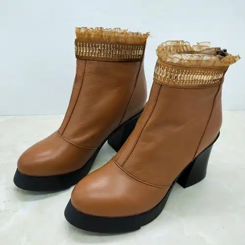 磨砂皮粗跟女靴真皮加绒马丁靴英伦高跟防水台裸靴切尔西女短靴子