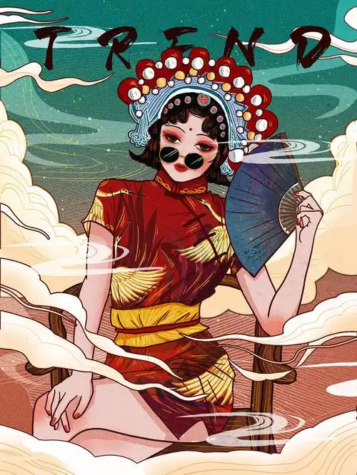 手绘中国风国潮京剧戏曲人物插画古风国粹花旦ai矢量ps设计素材图psd