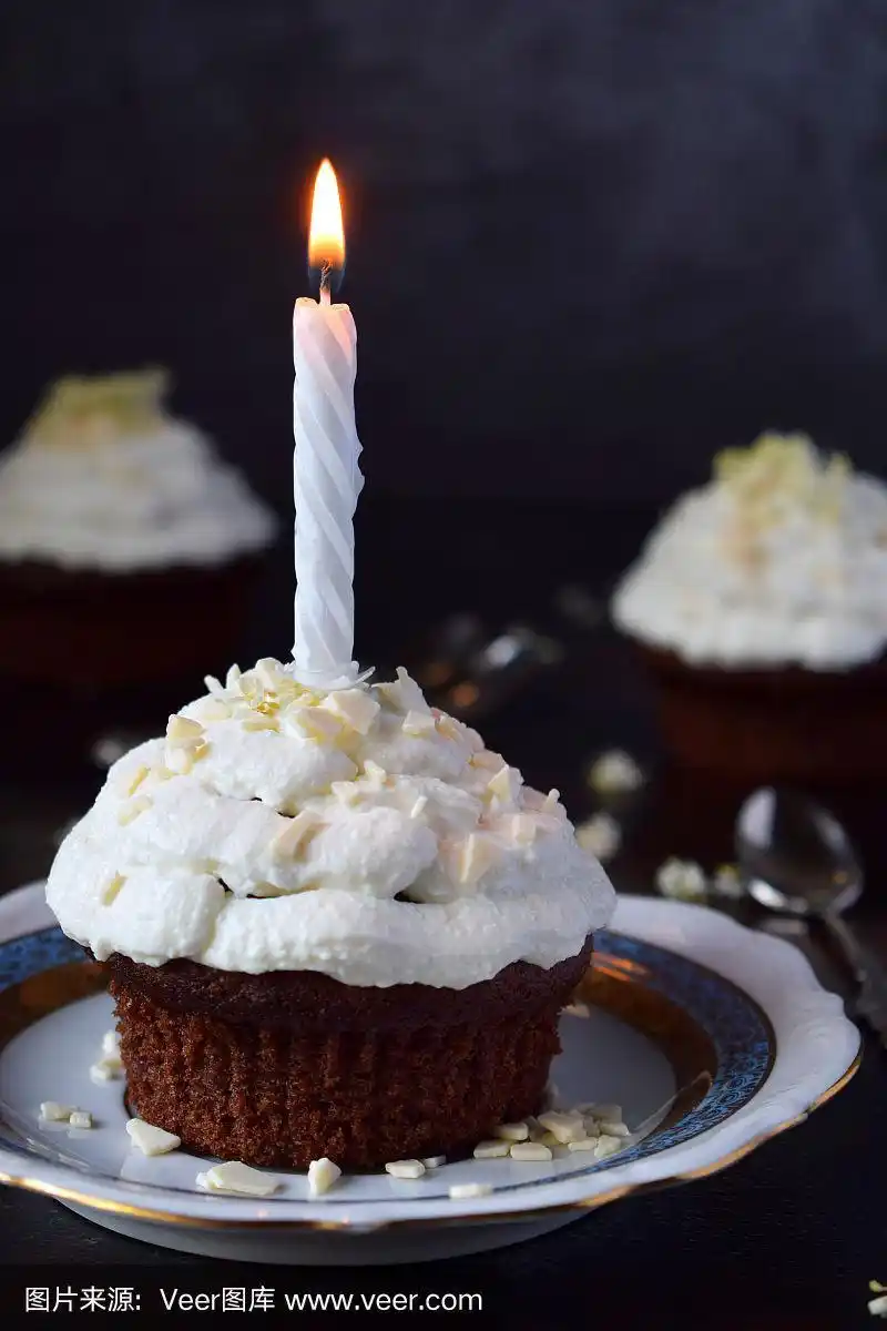 巧克力蛋糕加香草奶油和蜡烛.生日快乐.黑暗的照片