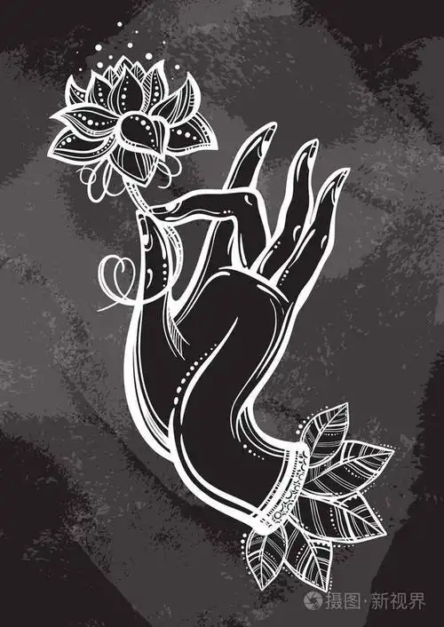 美丽的高详细佛的手拿着莲花印度佛教精神的图案矢量艺术在黑板的上方