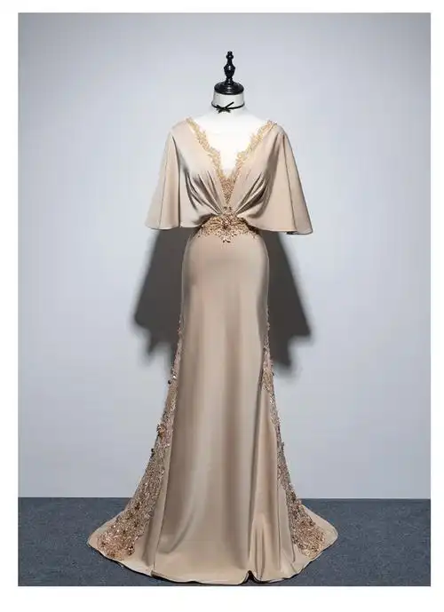 高定意大利香槟金丝滑气质女王年会聚会晚宴主持晚礼服