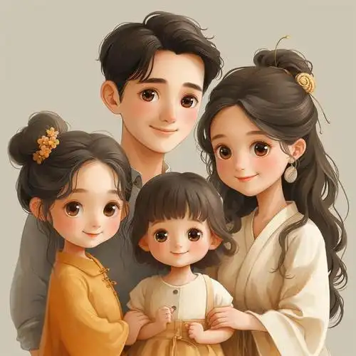 亲子头像|2024一家四口姐妹|亲子照卡通插画