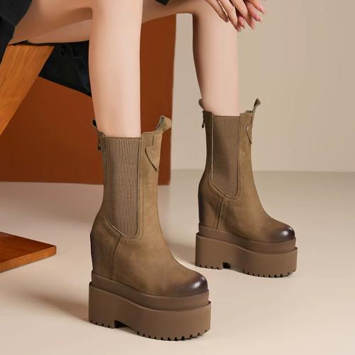 全真皮16cm内增高短靴女厚底松糕靴小个子超高跟舞台演出切尔西靴