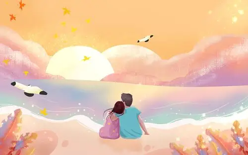 秋天插画唯美蓝粉秋天情侣背影夏天海洋原创插画海报背景素材