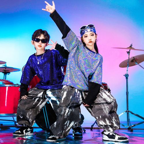 元旦儿童街舞演出服男童炫酷亮片架子鼓表演服女童走秀舞蹈服装